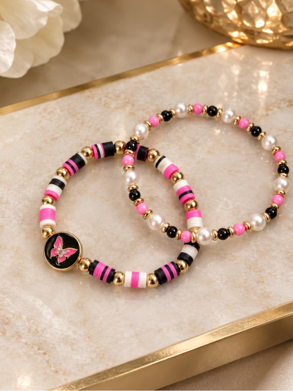 Beaded Pearl Butterfly Stretch Bracelet Set